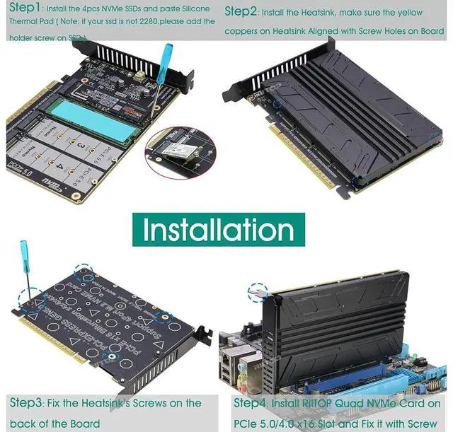 Alt view image 6 of 6 - Quad NVMe PCIe 5.0 Adapter with Heatsink, RIITOP PCIe 5.0 x16 to 4X NVMe Card for 2280/2260/2242/2230 M.2 (M Key) SSD (PCI-e Bifurcation Required)
