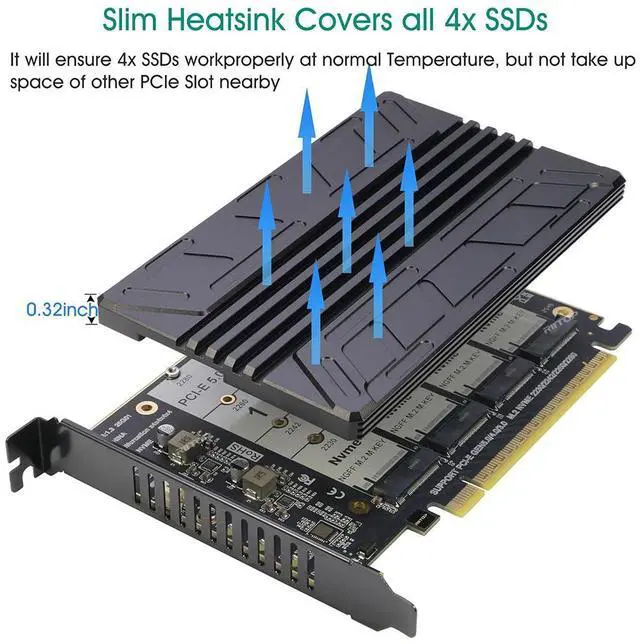 Alt view image 4 of 6 - Quad NVMe PCIe 5.0 Adapter with Heatsink, RIITOP PCIe 5.0 x16 to 4X NVMe Card for 2280/2260/2242/2230 M.2 (M Key) SSD (PCI-e Bifurcation Required)