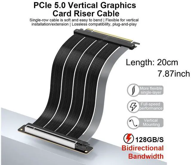 Alt view image 2 of 7 - PCIE 5.0 x16 Riser Cable 200mm 128GB/s Vertical Graphic Card/GPU Mount Flexible Right Angle, Usable with PCIe 4.0 & RX 9070/ RTX5090,RTX 4090/5070/5080/5090RX 9070XT/7900XT, 20cm (Total Length: 25cm)