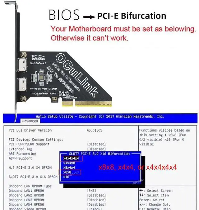 Alt view image 2 of 7 - PCIe 4.0 x8 128Gbps to OCuLink SFF-8612 SFF-8611 Adapter External Graphics Card for GPU Dock, eGPU, NVMe SSD(PCIe Bifurcation required)