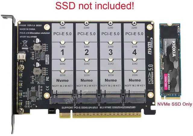 Alt view image 7 of 7 - Quad M.2 NVMe to PCIe Adapter Expansion Card (PCIe Bifurcation Motherboard is Required), Support 4* M.2 PCIe NVMe SSD