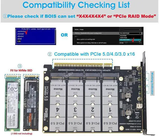 Alt view image 6 of 7 - Quad M.2 NVMe to PCIe Adapter Expansion Card (PCIe Bifurcation Motherboard is Required), Support 4* M.2 PCIe NVMe SSD
