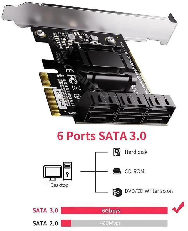 Alt view image 2 of 7 - SATA Card 6 Port, 6Gbps SATA iii Controller PCI-e Express 4x Expansion Card ASM1166 Chipset, Support 6*SATA 3.0 Devices