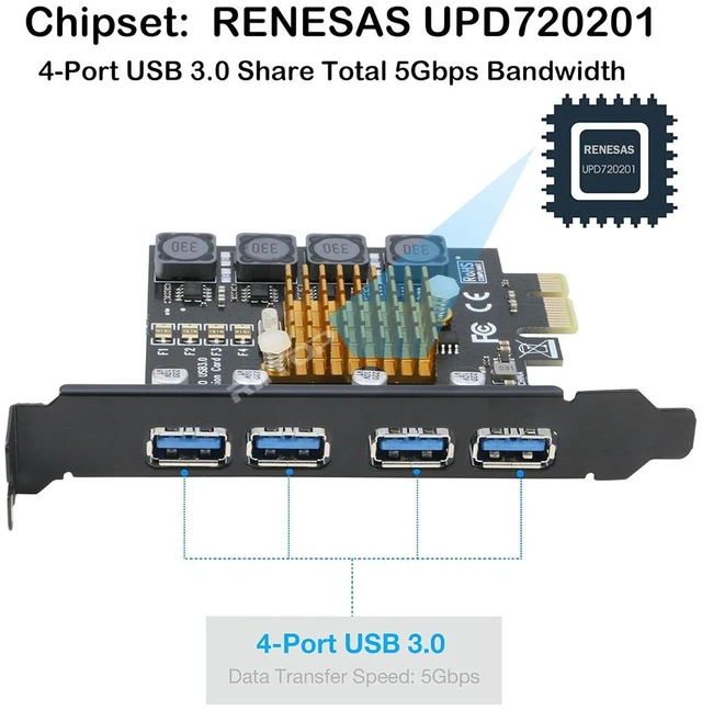 Alt view image 2 of 7 - 4 Ports USB 3.0 PCIe Card Adapter Super Speed 5Gbps, PCI Express x1 Expansion USB3.0 Card for Windows 11/10/8.1/8/7/Vista/XP/Server