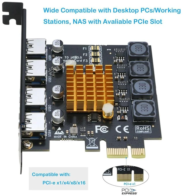 Alt view image 3 of 7 - 4 Ports USB 3.0 PCIe Card Adapter Super Speed 5Gbps, PCI Express x1 Expansion USB3.0 Card for Windows 11/10/8.1/8/7/Vista/XP/Server