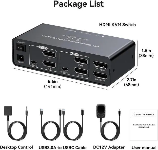 Alt view image 7 of 7 - Beautframes DisplayPort KVM Switch 2 Monitors 2 Computers 8K@60HZ 4K@120HZ Aluminum KVM Switch Dual Monitor KVM Switcher 2 Monitors for 2 Computers Sharing 4 USB Devices with Desktop Controller