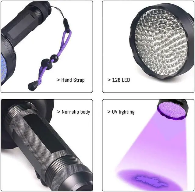 Alt view image 5 of 5 - 128 UV LED Blacklight UV Flashlight LED Powerful Ultraviolet Black Light Scorpion Pet Urine Stain Detector Purple UV Light Torch