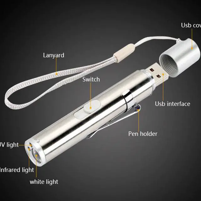 Alt view image 5 of 5 - Mini USB Rechargeable Pen Light Pocket 3-in-1 395nm UV Flashlight With Red Light Laser Pointer For Money Detect Funny cat