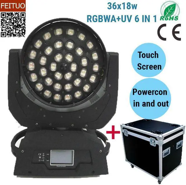 Main image of Professional LED Moving Head 36x18w Zoom Wash RGBWA UV 6IN1 Lyre Lighting for Party Disco Wedding (2Pcs + fly case)