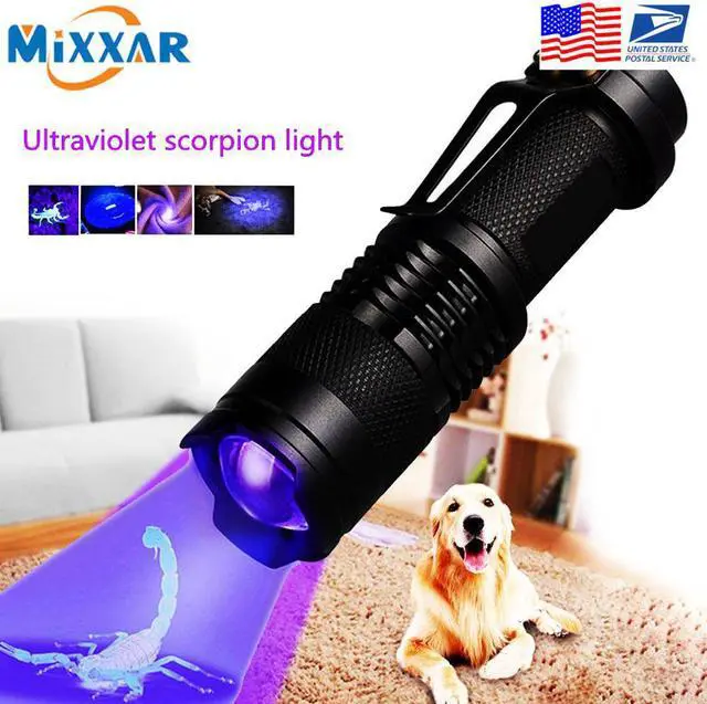 Main image of EZK20 Dropshipping Mini Zoomable 3 Modes Scorpion UV LED Flashlight Ultraviolet Torch Money Detector Pet Urine Stains Detecto