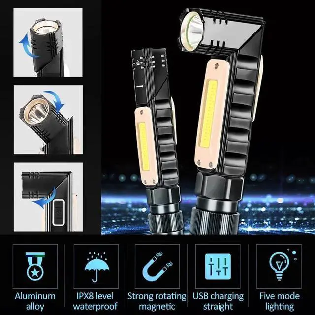 Main image of Led Flashlight UV USB Deformable 90 Degree Twist Rotary Clip Waterproof Magnet 5 Lighting Modes Lighting LED Torch Outdoor