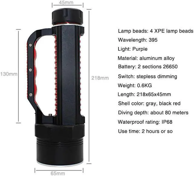 Alt view image 3 of 5 - 3000 Lumens 4*XPE LED UV Flashlight waterproof Diving Ultraviolet Torch Powered by 26650 Battery Underwater 80m UV Lamp