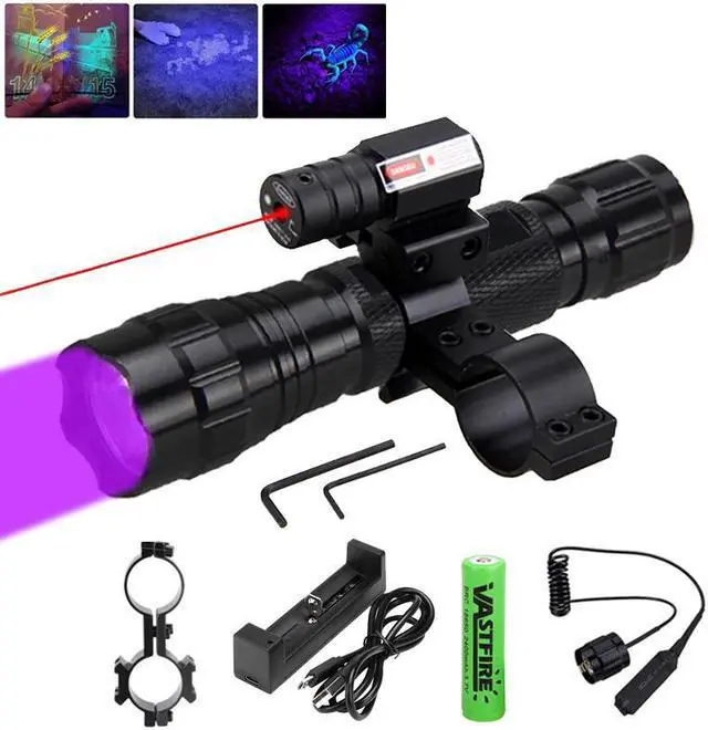 Main image of 501B LED Tactical Purple Flashlight Airsoft UV Hunting Rifle Gun Light+Pressure Switch+20mm Rail Barrel Mount+18650+Charger