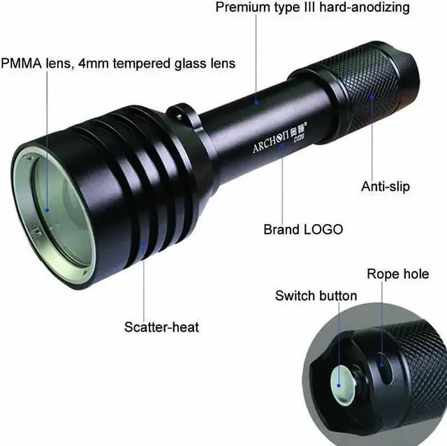 Alt view image 3 of 5 - Diving Flashlight  D12U Diving Video Light Professional Red Blue UV Fill light 1200LM Underwater Light Waterproof Torch