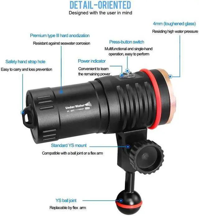 Alt view image 3 of 5 - II 5500K 3500lumens HD video diving photoraphy lights Underwater 100m diving video lights UV red fill light dive flashlight