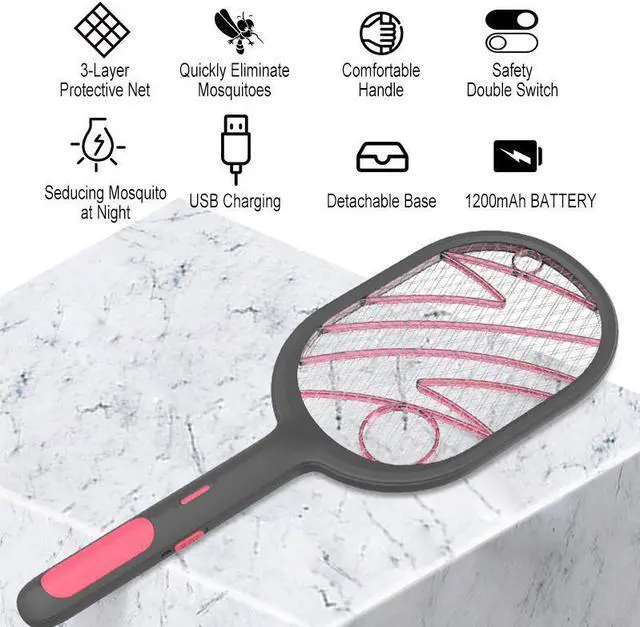 Alt view image 2 of 5 - 3000V Handheld Electric Mosquito Racket Insect Mosquito Zapper Swatter UV Light USB Rechargeable Anti Mosquito Bug Fly Killer
