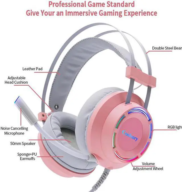 Alt view image 3 of 5 - Gaming Headset 2PCS Combo Headphones Pink with Mic Wired 7.1 Surround Sound RGB Light Gift for Lover for PC Gamer Laptop