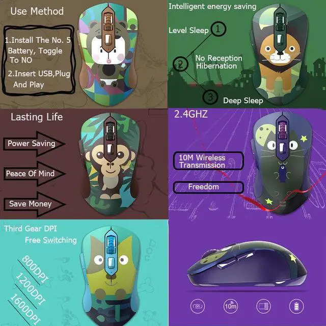 Alt view image 5 of 5 - Cartoon Animal Pattern 2.4GHz 6 Buttons Wireless USB Optical Ergonomic Silent Gaming Mouse 1600DPI  for PC Laptop Computer