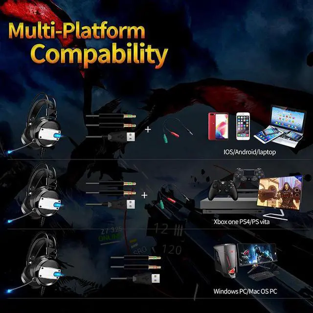 Alt view image 5 of 5 - PC Gamer Headphones With Microphone Tablet Gaming Headset Gamer LED Lights for PC  Stereo Surround Sound Noise Cancelling Dota 2