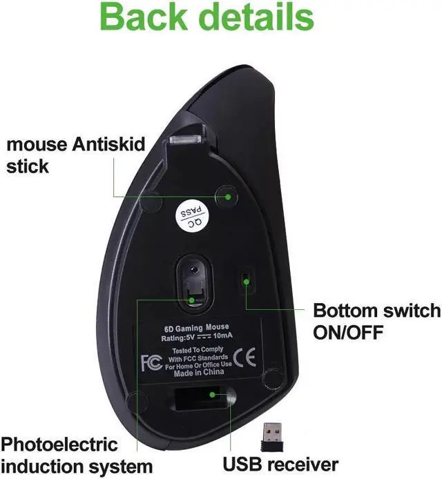 Alt view image 5 of 5 - Vertical Wireless Mouse 2.4 GHz Wireless Gaming Mouse 6 Buttons 1600 DPI mice Ergonomic for PC Laptop Office Rechargeable