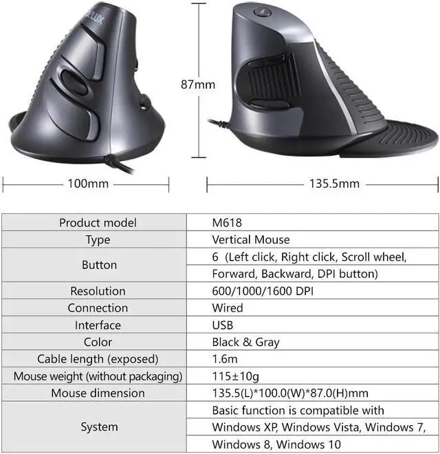 Alt view image 5 of 5 - M618 Ergonomic Vertical Mouse Wireless 6 Button 600/1000/1600 DPI USB Optical Mause Computer Gaming Mice For Laptop PC