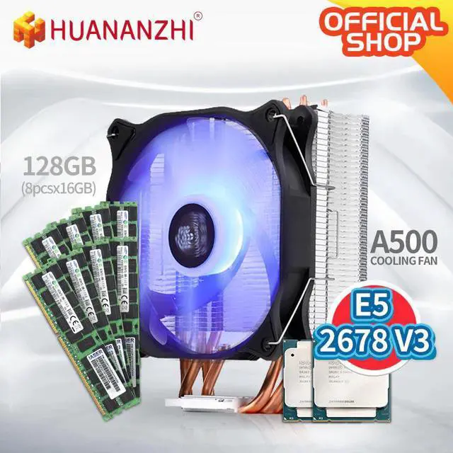 Main image of A500 4 Copper Heat Pipe LED CPU Cooler Cooling Fan Radiator Dual Fan Heatsink with E5 2678V3*2 DDR3ECC 8*16GB M.2