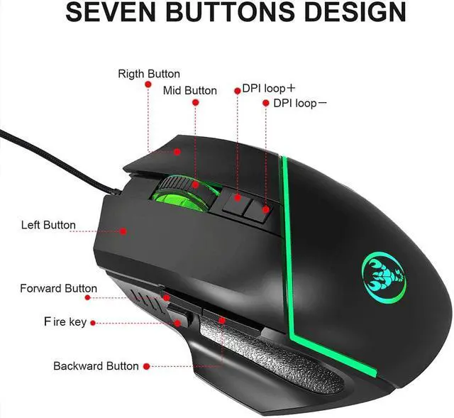 Alt view image 5 of 5 - Mouse Adjustable 6400DPI Mechanical  Mouse  7 Keys LED light Wired USB Mice For PC Laptop Professional