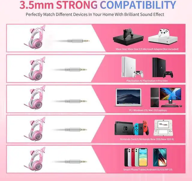 Alt view image 5 of 5 - Wired Headset Gamer Pink Cat Ear Headset Cute PS4 Phone PC With Microphone 3.5mm Gaming Phone PS4 Overear Gamer G951s Pink