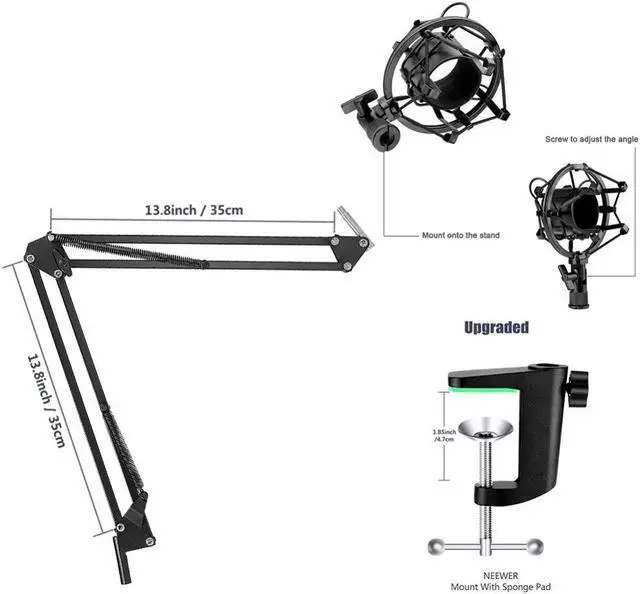 Alt view image 3 of 5 - NW-800 Condenser Microphone (Black/Silver)Kit with USB Sound Card Adapter+Adjustable Suspension Scissor Arm Stand