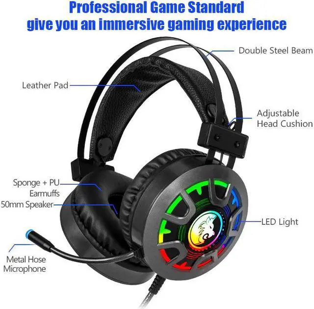 Alt view image 2 of 5 - Headset Headphones with Microphone Depp Bass Surround Sound RGB Light 3.5mm Wired for PC Computer PS4 Professional Gamer