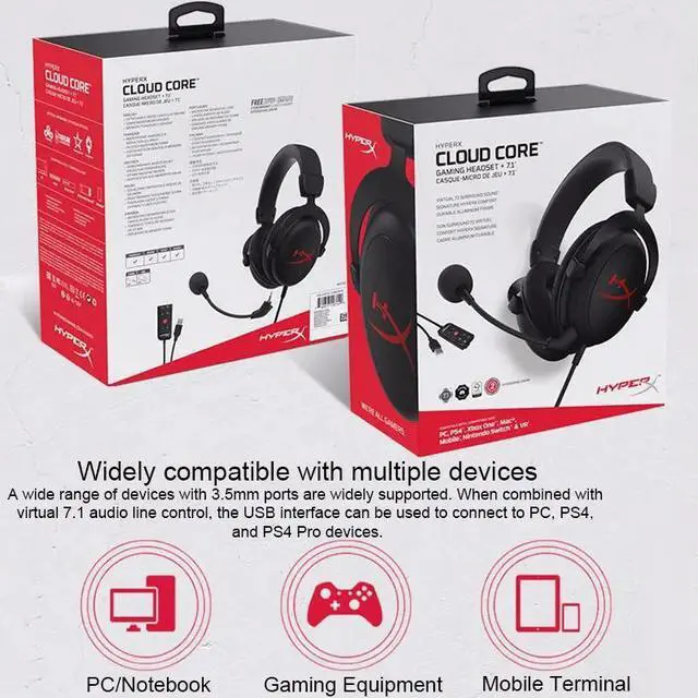 Alt view image 3 of 5 - Original Gaming Headphones HyperX Cloud Core+7.1 Wired Heandset With a Microphone For PC PS4 Xbox One Nintendo Switch