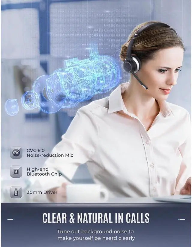 Alt view image 2 of 5 - Upgraded HC5 Wireless Headphones Bluetooth 5.0 Headset With CVC8.0 Noise Cancelling Microphpne For Phone PC Computer Office