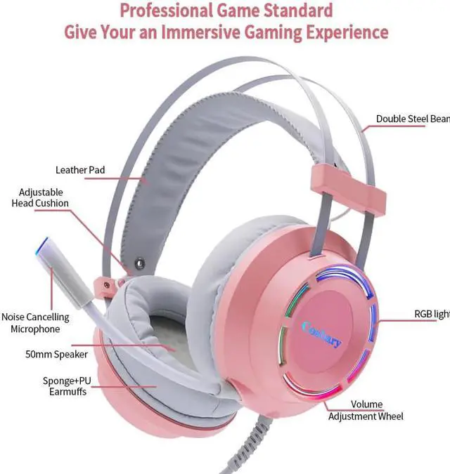 Alt view image 2 of 5 - Headphones Gaming Headset Wired with Microphone Professional Gamer 7.1 Surround Sound RGB Light for PC Computer Xbox One