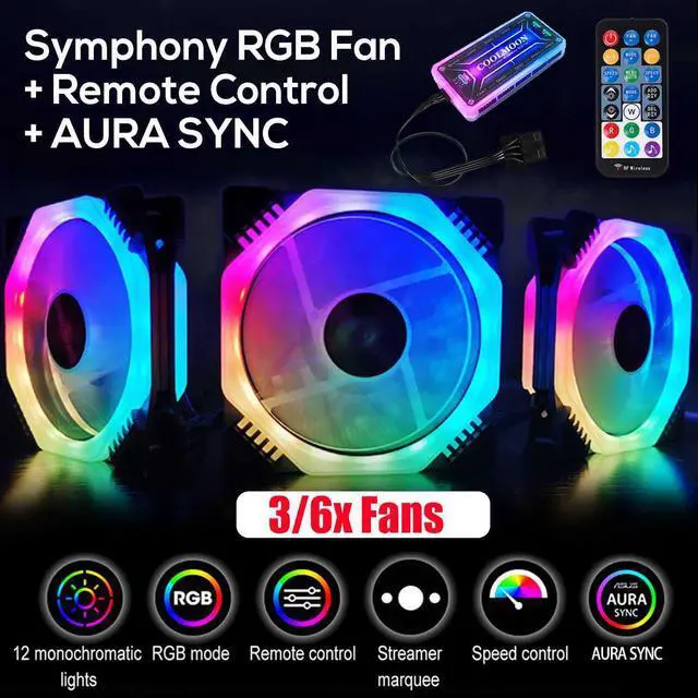 Alt view image 2 of 5 - 3/6pcs 120mm PC Cooler Fan Cooling Symphony Aura SYNC RGB PC Fan Cooling Fan For Computer Quiet Gaming Case Music Remote Control