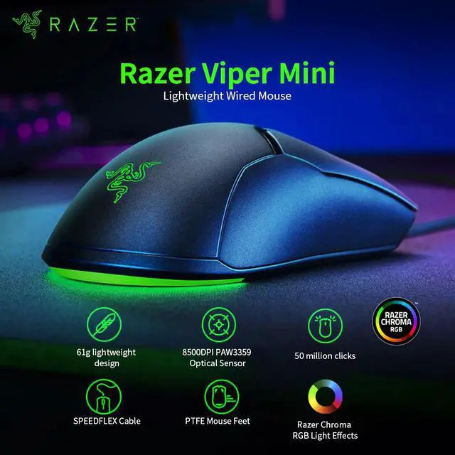 Alt view image 2 of 5 - Viper Mini 8500DPI Gaming Mouse Optical Sensor Chroma RGB Wired Gaming Mouse Mice Lightweight SPEEDFLEX Cable for gamer