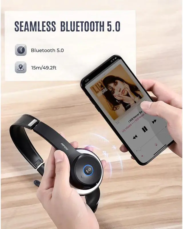 Alt view image 4 of 5 - Upgraded HC5 Wireless Headphones Bluetooth 5.0 Headset With CVC8.0 Noise Cancelling Microphpne For Phone PC Computer Office