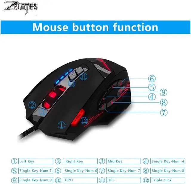 Alt view image 4 of 5 - C-12 Wired USB 4000 DPI A Optical Gaming Mouse 12 Programmable Buttons Computer Game Mice 4 Adjustable DPI 7 LED Lights