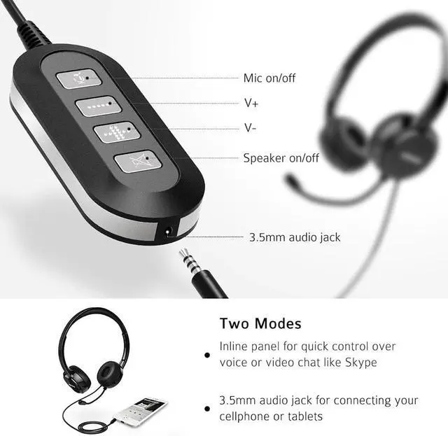 Alt view image 5 of 5 - PA071 Wired Headphones Headset With Noise Reduction Sound Card 3.5mm/ USB Plug Earphone For Skype Call Center PC Phones Pad