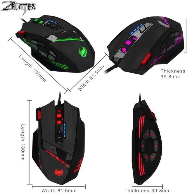 Alt view image 3 of 5 - C-12 Wired USB 4000 DPI A Optical Gaming Mouse 12 Programmable Buttons Computer Game Mice 4 Adjustable DPI 7 LED Lights