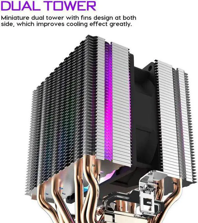 Alt view image 4 of 5 - Air Cooler 6 Heat Pipes Twin-Tower Heatsink With 90Mm Rainbow Led Fans For Intel 775/1150/1155/1156/1366