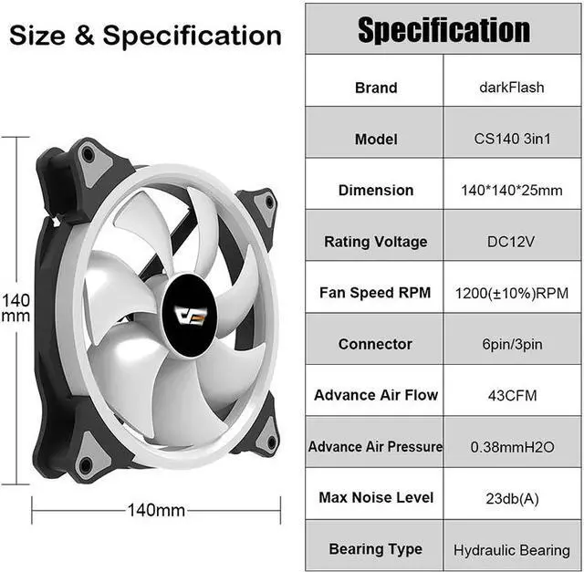 Alt view image 4 of 5 - CS140 PC Case RGB Fan 140mm AURA SYNC 5V/3pin Cooler Fan PC Quiet Adjust Fans Speed Color Computer Case Cooler RGB Fan