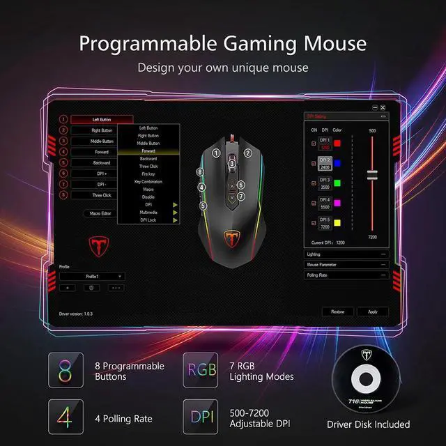 Alt view image 2 of 5 - T16 Wired Gaming Mouse 8 Programmable Button 7200 DPI USB Computer Mouse Gamer Mice With RGB Backlight For PC Laptop