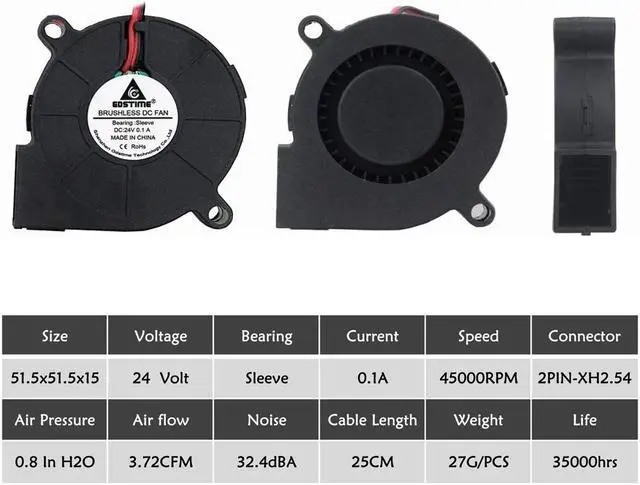 Alt view image 5 of 5 - 2PCS 5015 24V 2Pin 50mm PC Computer Case Cooling Cooler DC Blower Fan 5015s