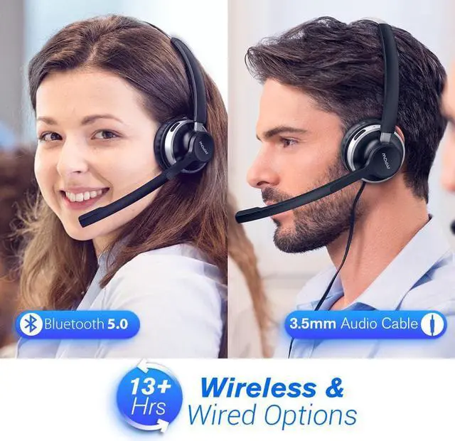 Alt view image 5 of 5 - HC3 Bluetooth 5.0 Headphone Dual Noise Cancelling Microphone Clear Wireless&Wired Headset For PC Laptop Call Center Phones