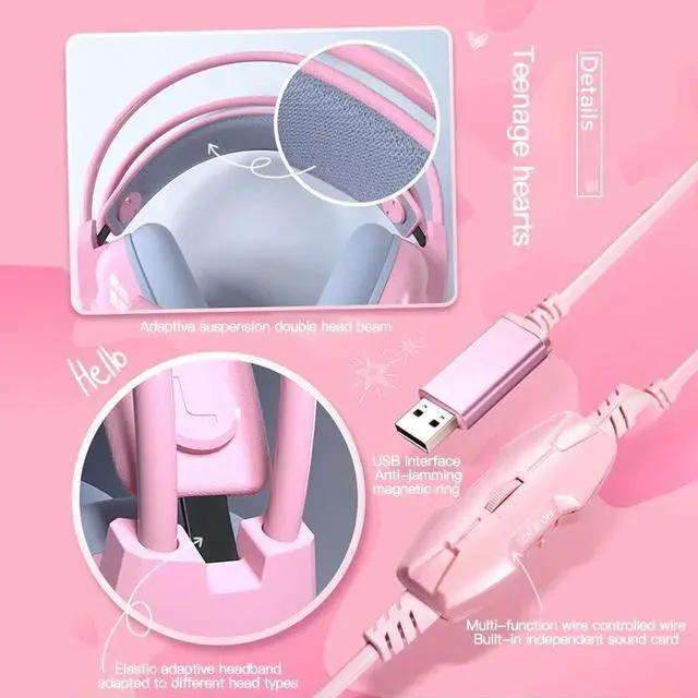 Alt view image 3 of 5 - 3Types Pink Gaming Headphones Wired Girl Stereo Large Headphone Noise Canceling Headphone With Microphone 3.5mm For PC For PS4