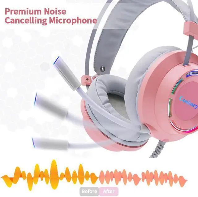 Alt view image 2 of 5 - Gaming Headset 2PCS Combo Headphones Pink with Mic Wired 7.1 Surround Sound RGB Light Gift for Lover for PC Gamer Laptop