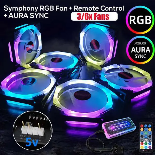Main image of 3/6pcs 120mm PC Cooler Fan Cooling Symphony Aura SYNC RGB PC Fan Cooling Fan For Computer Quiet Gaming Case Music Remote Control