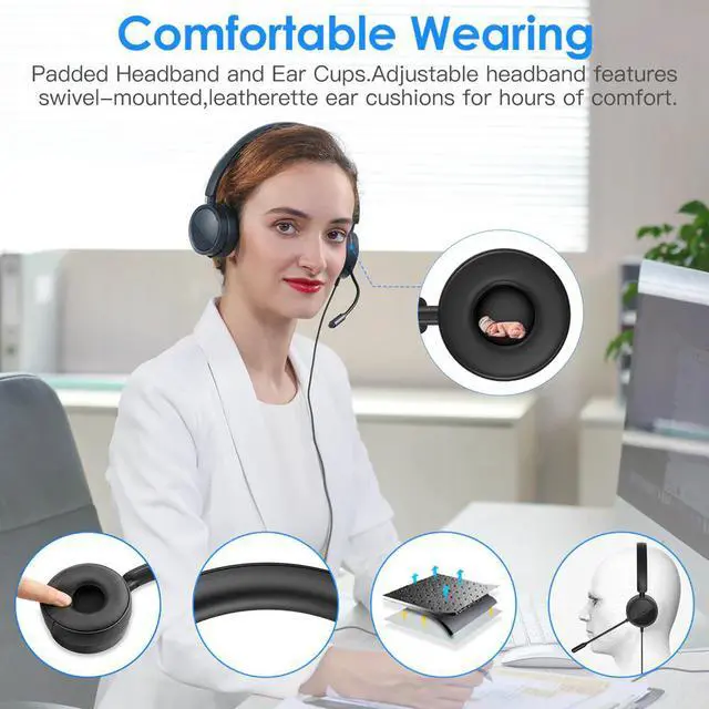 Alt view image 2 of 5 - USB Headset with Microphone for PC 3.5mm Business Headsets with Mic Mute Noise Cancelling for Call Center Headphones