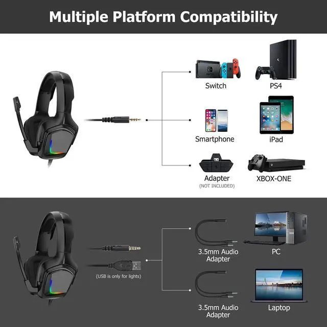 Alt view image 3 of 5 - Headset Gaming Headphone RGB with Microphone LED Light Surround Sound Bass PC Gamer Headphone for Xbox One PS4 Phone Laptop