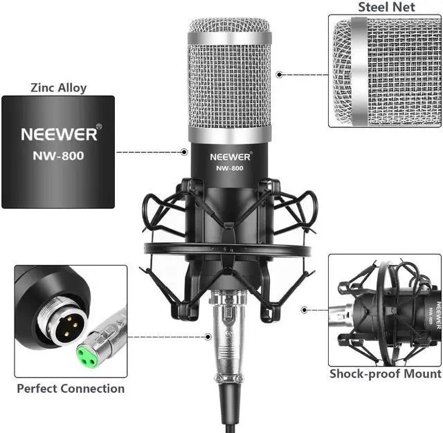 Alt view image 4 of 5 - NW-800 Condenser Microphone (Black/Silver)Kit with USB Sound Card Adapter+Adjustable Suspension Scissor Arm Stand